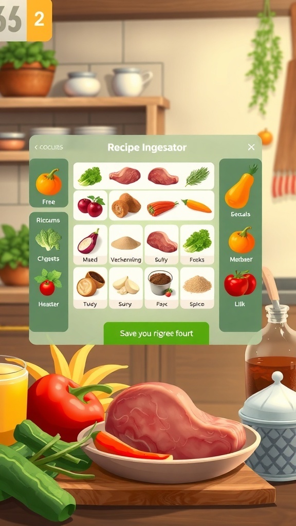 Digital recipe generator interface with fresh ingredients and meal customization options in a cozy kitchen.